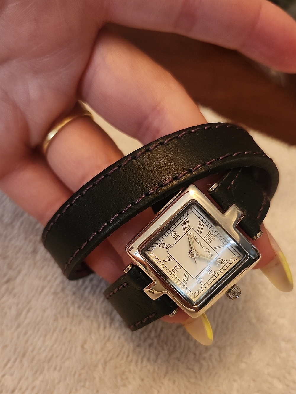 Coldwater Creek Black Double-Wrap Leather Watch with Purple Stitching